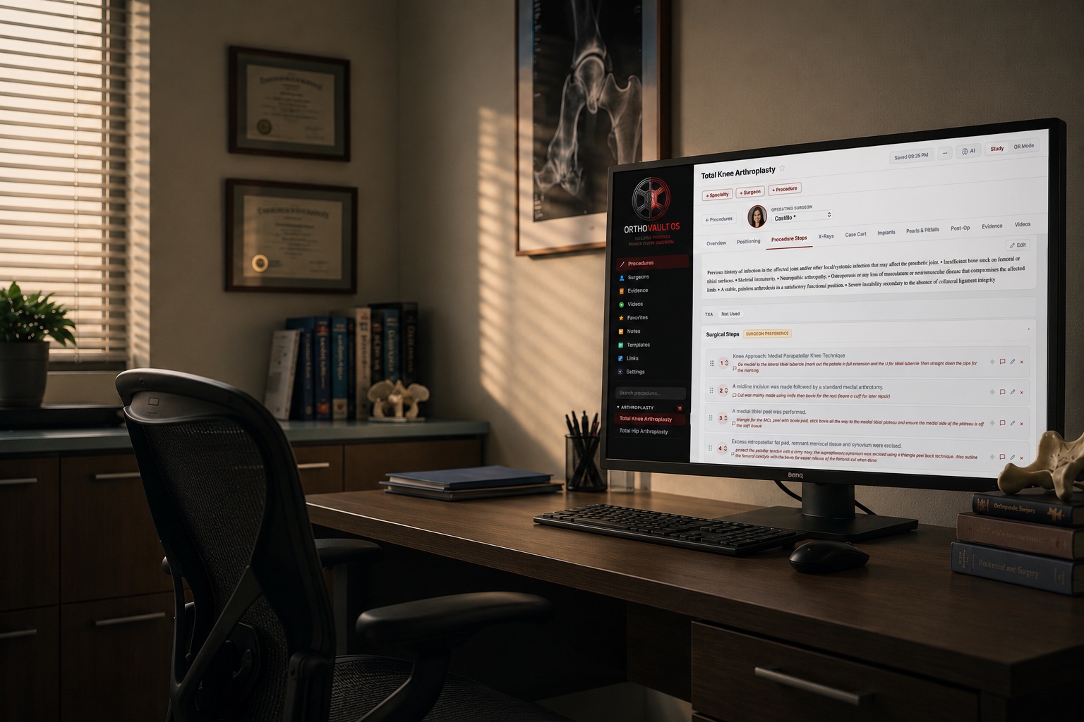 An office at the end of the day with the case still open on the desk monitor.