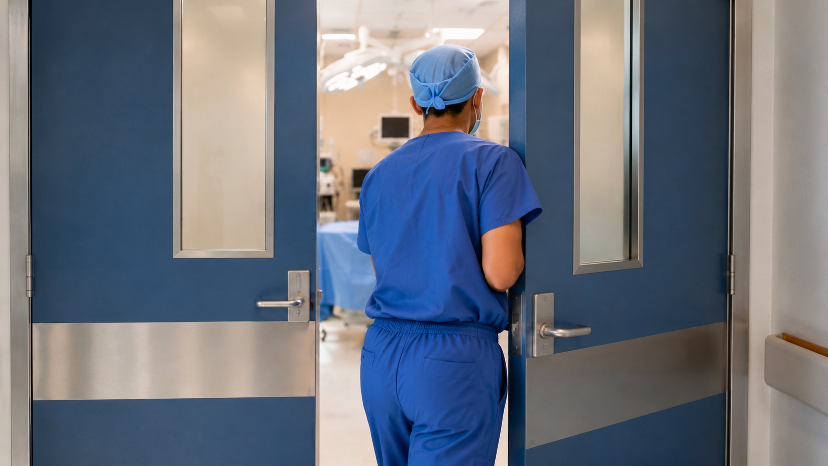 The resident enters through the operating room doors.