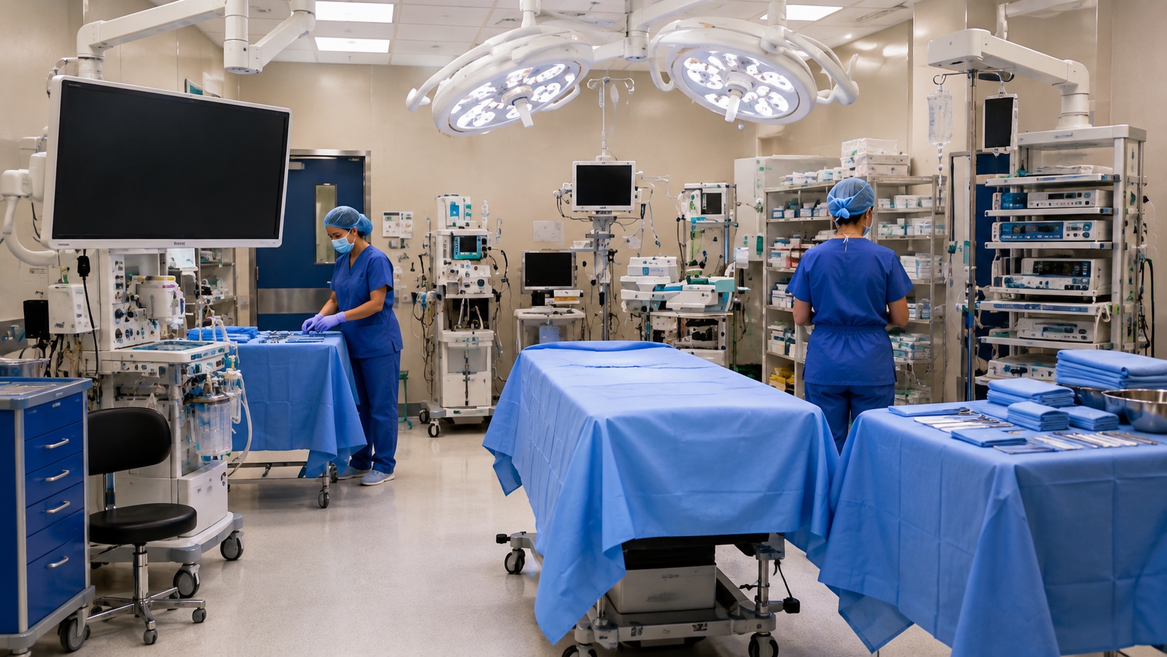 The operating room during turnover, table draped and the boom-arm monitor swung clear.
