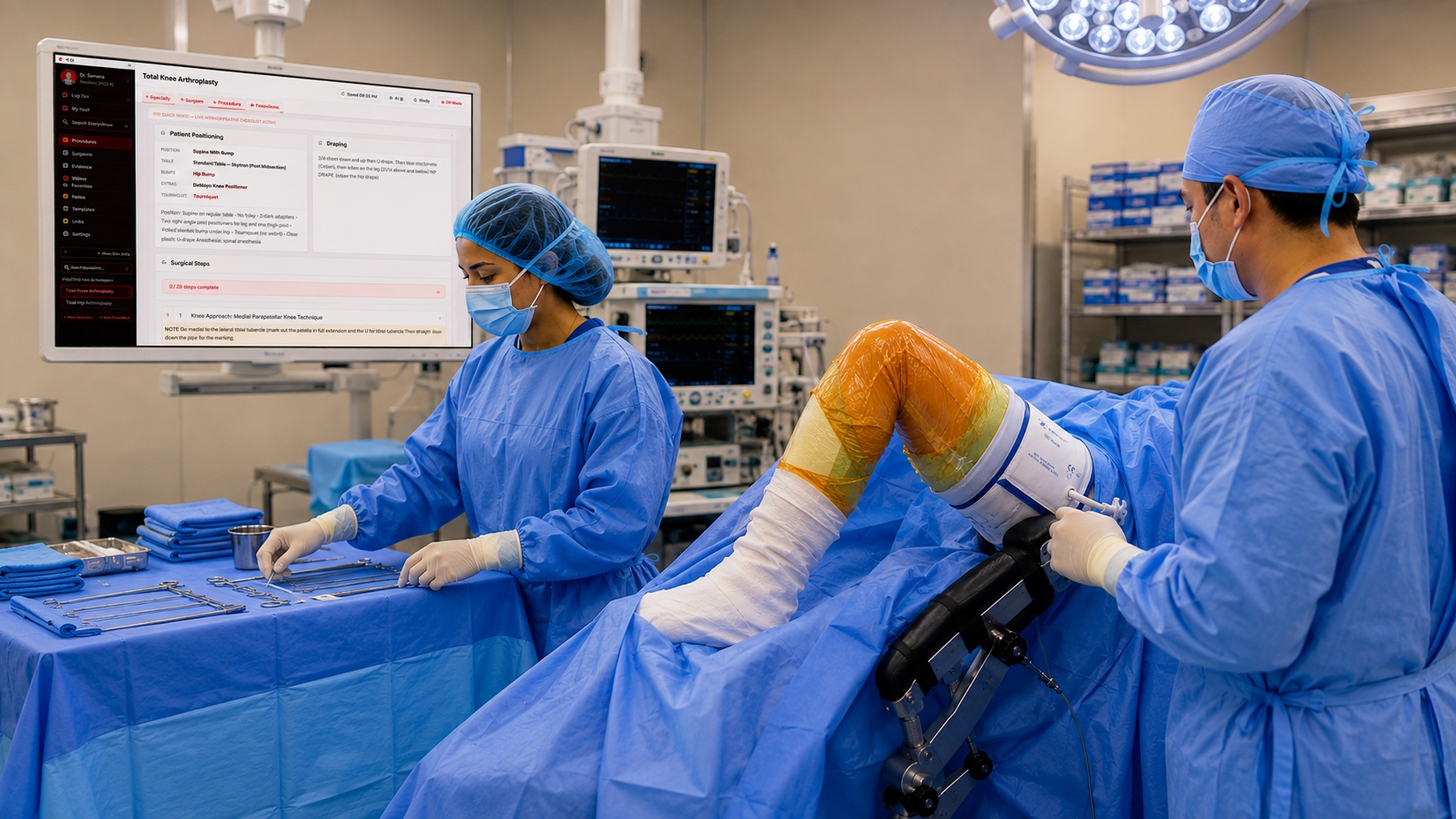 The limb prepped and draped in a knee positioner with the tourniquet high on the thigh.