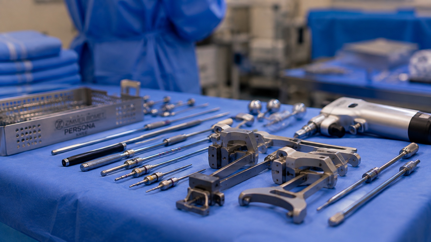 The arthroplasty tray laid out on the back table: cutting guides, alignment rods and the saw.