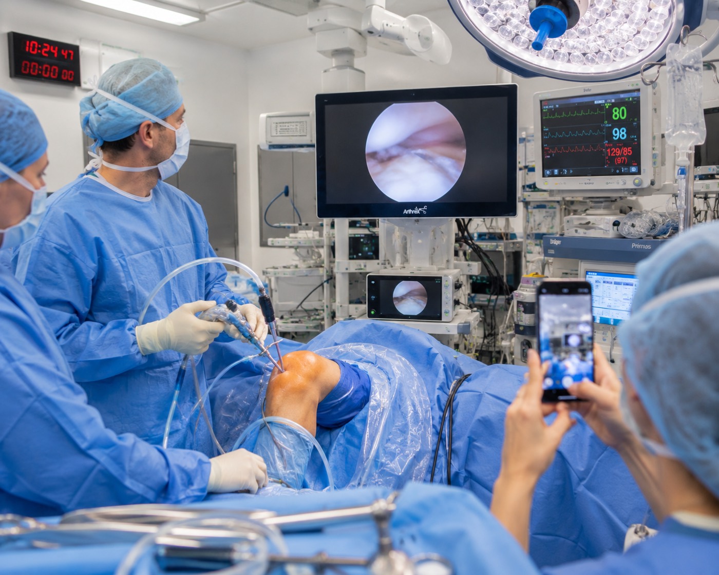 An operating room set up before a case, table and equipment in position.